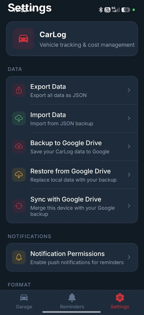 CarLog settings with JSON export and import, Google Drive backup, restore and sync, and notification permissions